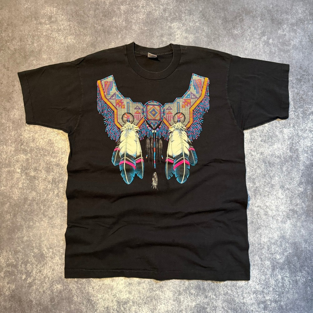 Vintage Native American Beadwork Graphic T Shirt Black Mens XL 90s